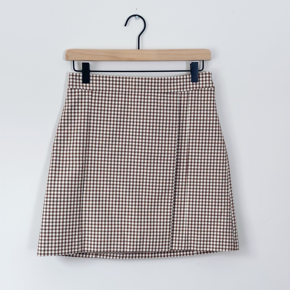 NWOT Women’s Theory Plaid Tan Checkered Mini Skirt - Picture 2 of 7